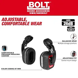 BOLT 26dB Earmuffs featuring adjustable fit, balanced wear with multiple storage positions, and comfortable pressure-reducing cushions.