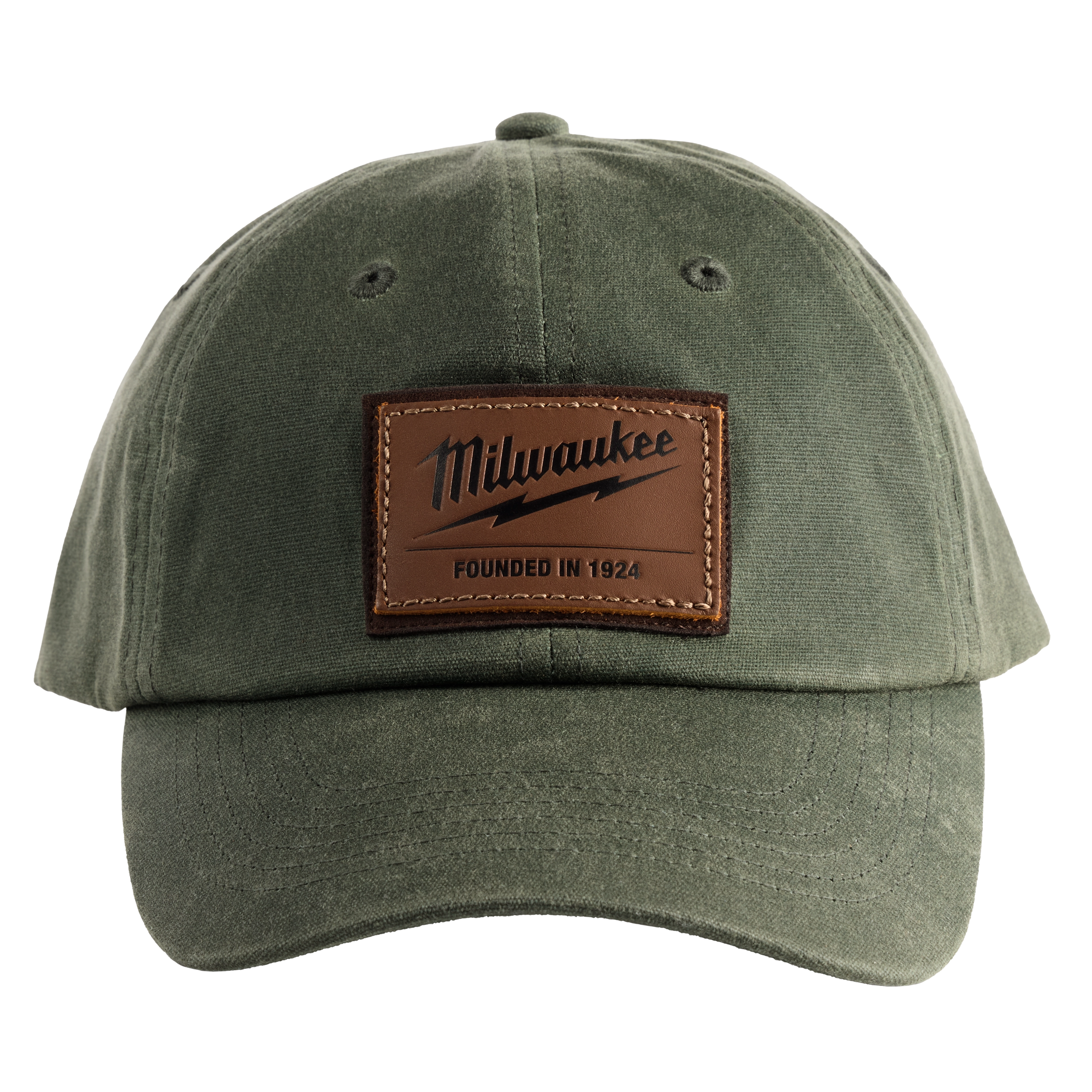 Green Waxed Canvas Adjustable Hat with a leather patch displaying "Milwaukee" and "Founded in 1924" in brown stitching.