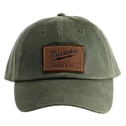 Green Waxed Canvas Adjustable Hat with a leather patch displaying "Milwaukee" and "Founded in 1924" in brown stitching.