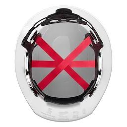BOLT White Full Brim Hard Hat with 6-point Ratcheting Suspension (USA) - Type 1, Class E shown from the interior, highlighting the red cross-strap suspension system and adjustable ratchet mechanism for secure fitting.