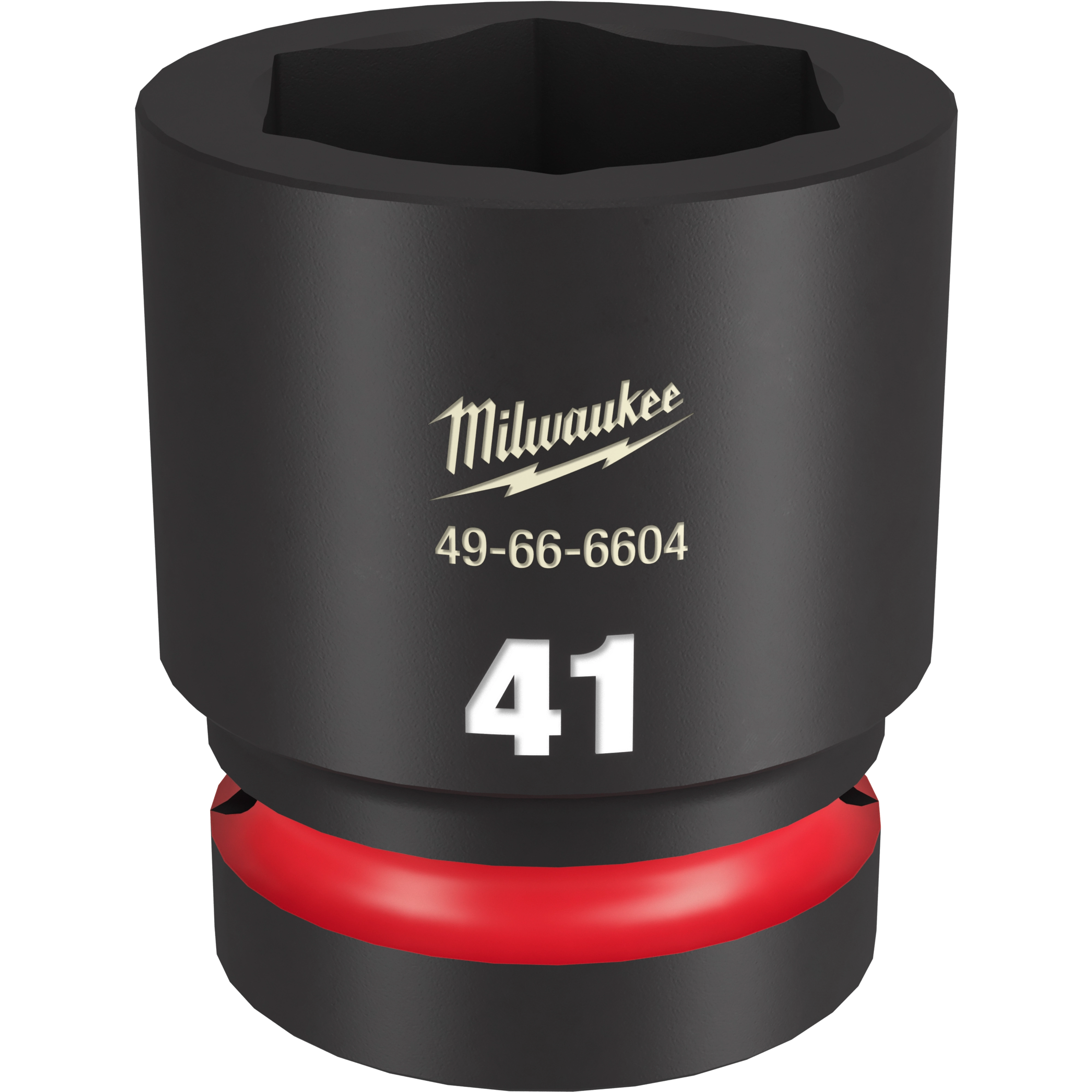 1" DR 41MM STD Impact Socket by Milwaukee. The black socket features white numerical text "41" at the bottom, with the brand name, product number 49-66-6604, and a red ring near the base. Designed for heavy-duty applications.