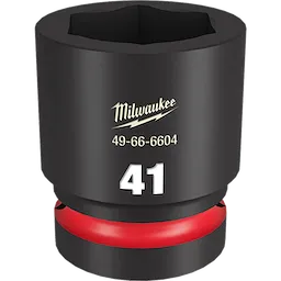 1" DR 41MM STD Impact Socket by Milwaukee. The black socket features white numerical text "41" at the bottom, with the brand name, product number 49-66-6604, and a red ring near the base. Designed for heavy-duty applications.