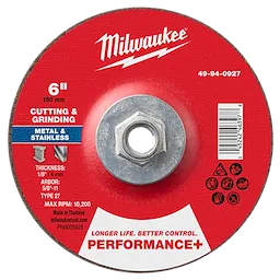 6" x 1/8" x 5/8"-11 Performance+ Dual Metal Cut & Grind Wheel - Type 27 with a red label, metallic center, and safety icons.