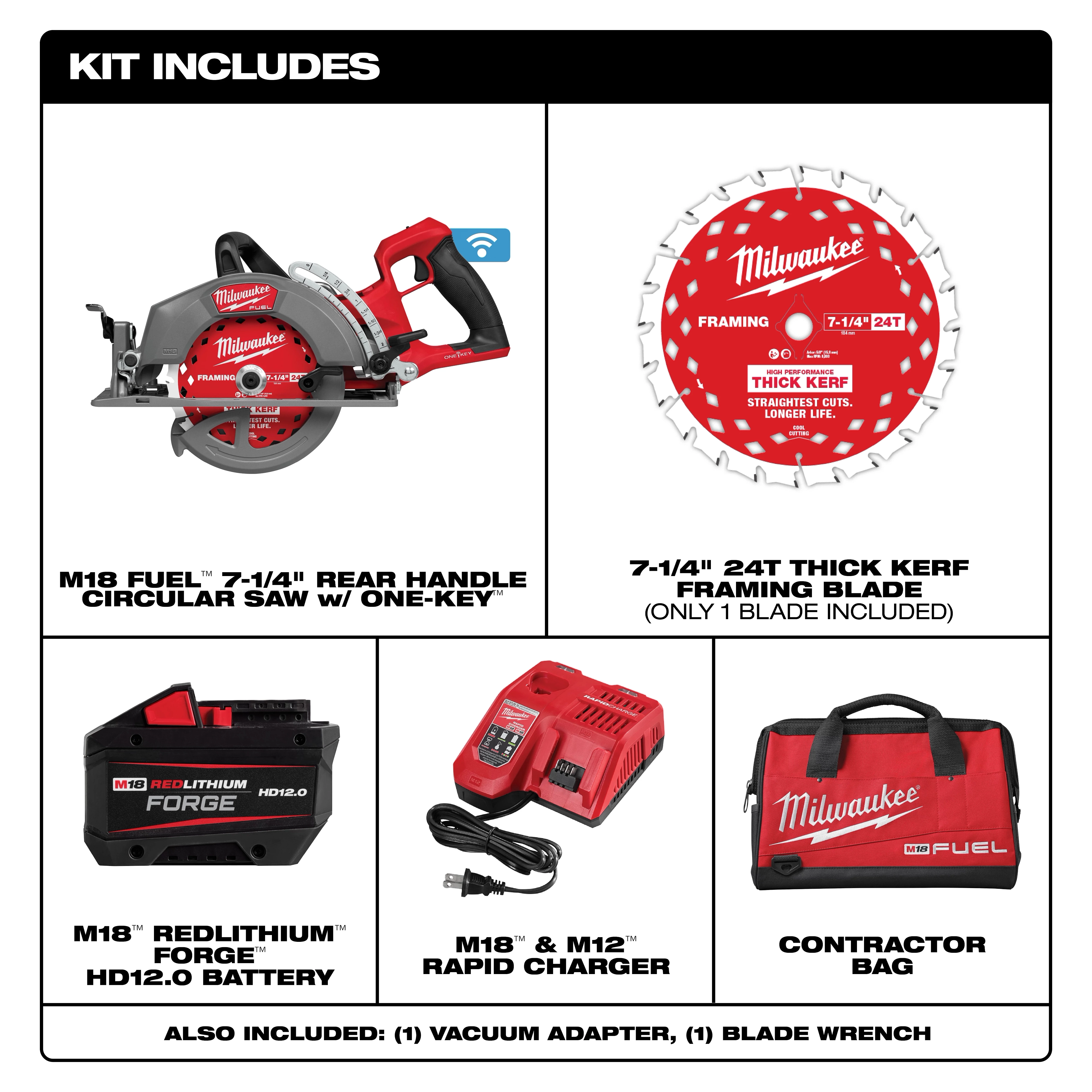 M18 FUEL 7-1/4" Rear Handle Circular Saw with ONE-KEY, 7-1/4" 24T framing blade, REDLITHIUM battery, charger, and contractor bag.