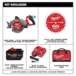 M18 FUEL 7-1/4" Rear Handle Circular Saw with ONE-KEY, 7-1/4" 24T framing blade, REDLITHIUM battery, charger, and contractor bag.