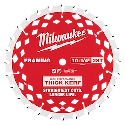 Milwaukee 10-1/4” 28T Thick Kerf Framing Circular Saw Blade with red background, straightest cuts, and longer life.