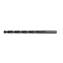 13/64" THUNDERBOLT® Black Oxide Drill Bit features a spiral flute design and a black oxide coating. The bit is designed for durability and precision drilling tasks. It has a cylindrical shank and a pointed tip.