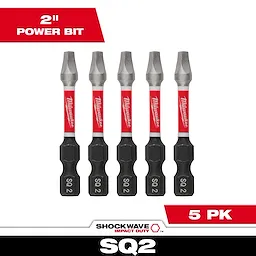 The image shows five SHOCKWAVE™ 2" Impact Duty Square Recess #2 Power Bits (5 PK). Each bit has a metallic tip, a red shaft with the Milwaukee logo, and a black base marked "SQ2". The image includes text stating "2" Power Bit" and "5 PK".
