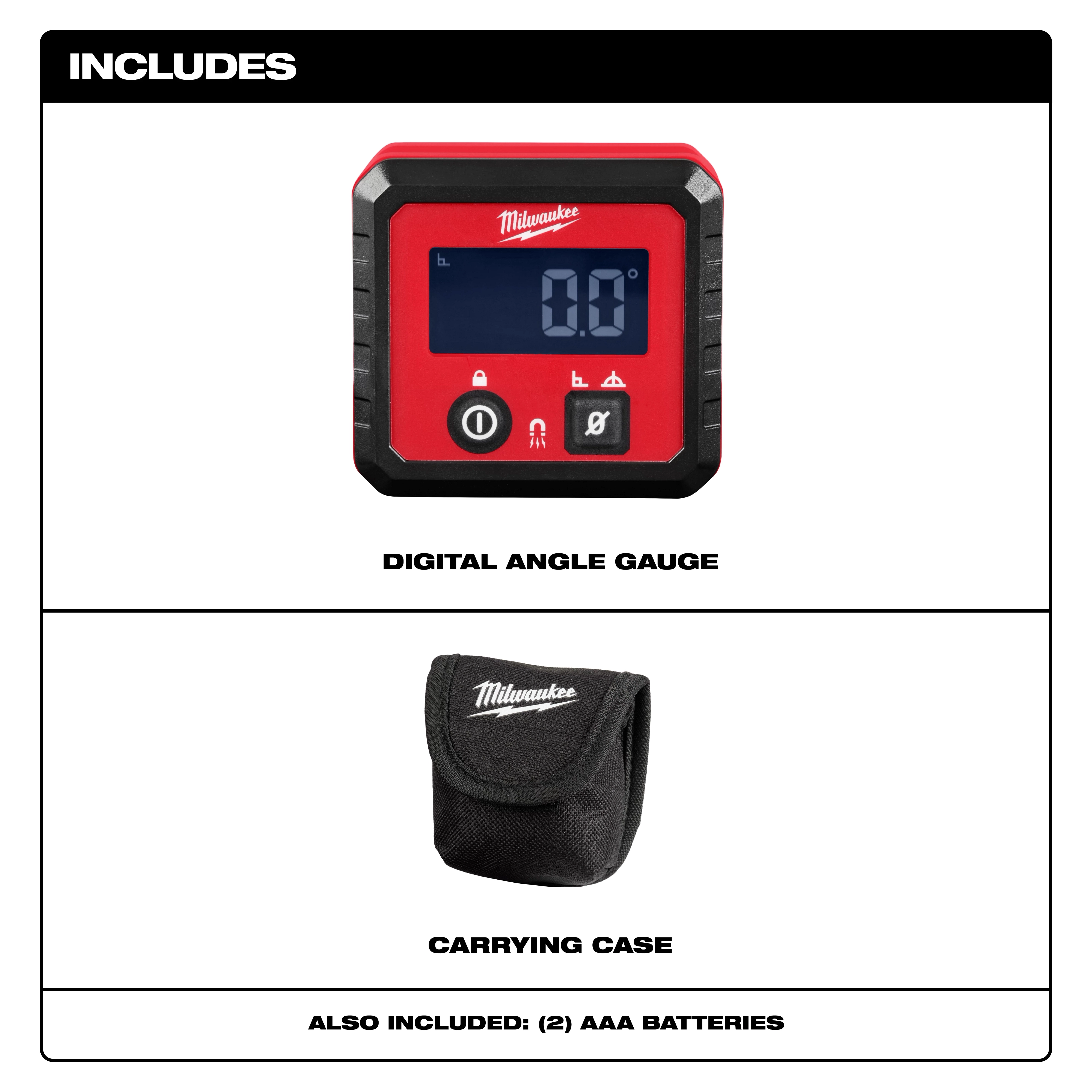 Milwaukee Digital Angle Gauge package includes the gauge, a black carrying case, and two AAA batteries.