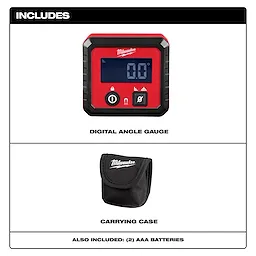 Milwaukee Digital Angle Gauge package includes the gauge, a black carrying case, and two AAA batteries.