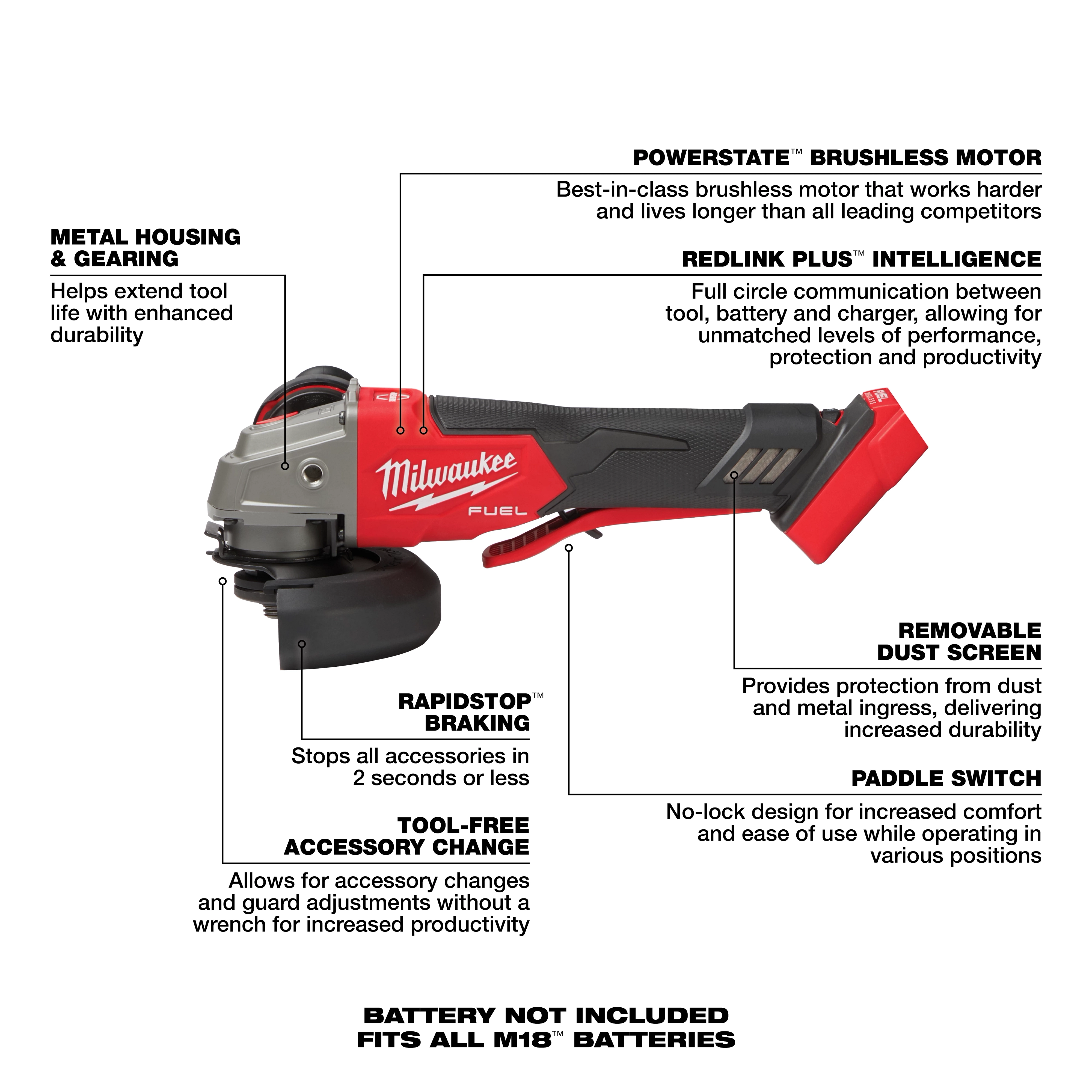 The M18 FUEL™ 4-1/2" / 5" Variable Speed Braking Grinder, Paddle Switch No-Lock features a Powerstate™ brushless motor, Redlink Plus™ intelligence, RapidStop™ braking, tool-free accessory change, metal housing for durability, and a removable dust screen. Battery not included; fits all M18™ batteries.