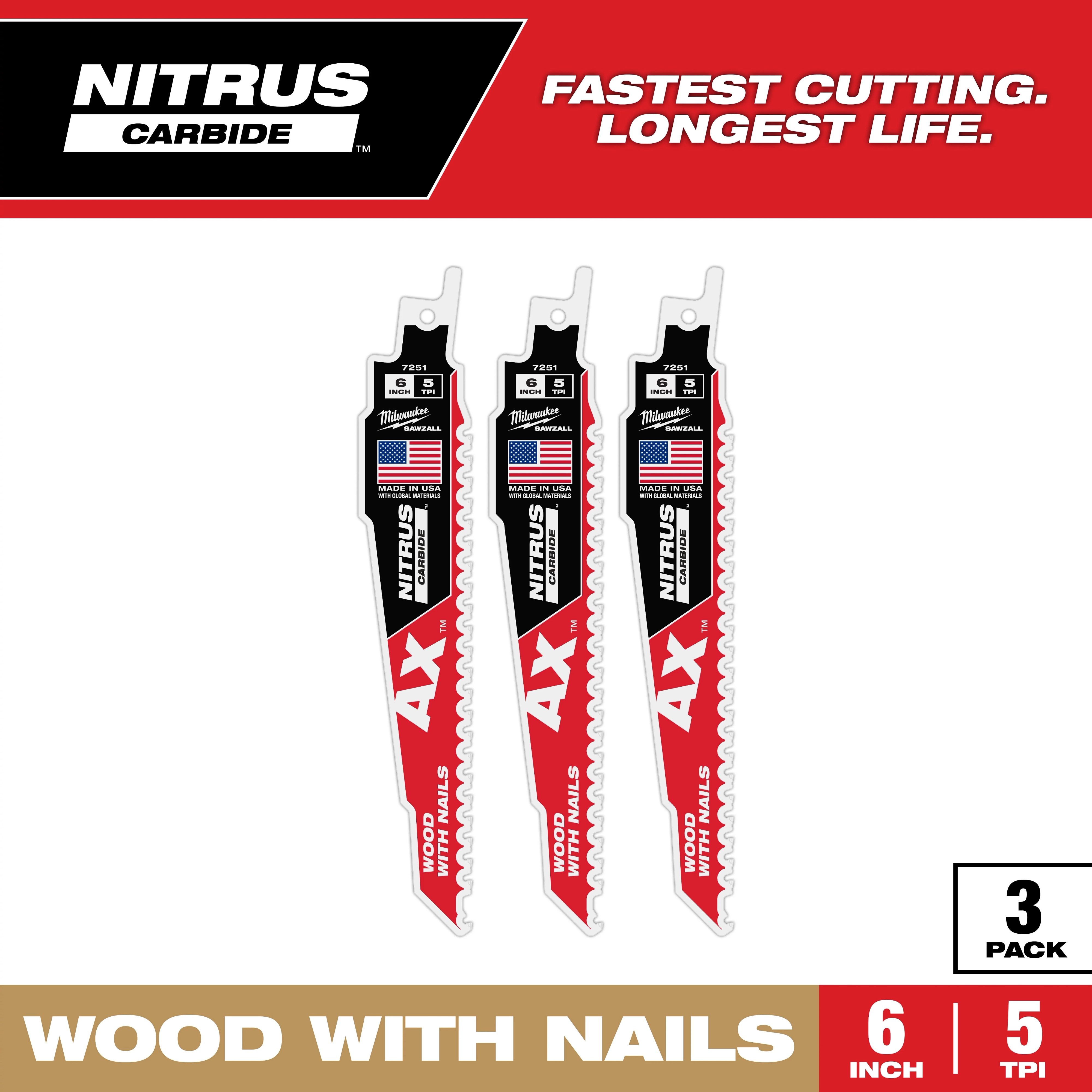 6-inch, 5 TPI AX w/NITRUS Carbide Teeth SAWZALL Blade for Wood with Nails, 3-pack. Red and white blades with American flags.