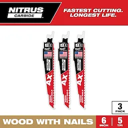 6-inch, 5 TPI AX w/NITRUS Carbide Teeth SAWZALL Blade for Wood with Nails, 3-pack. Red and white blades with American flags.