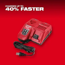 Milwaukee Rapid Charge M18 charger, shown in red with black power cord and plug, features text indicating it charges up to 40% faster. The charger includes multiple ports and a handle on top for easy transport. Details and usage information are printed on the front panel.