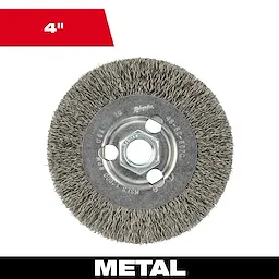 4" Radial Crimped Wheel made of carbon steel for metal work. Circular brush design, central hole for mounting.