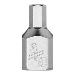 The 1/4" Drive 3/16" Low-Profile Hex Bit Socket is a small, metallic tool attachment designed for use with a drive handle. The socket features a hexagonal bit and has "3/16" etched on its side, indicating its size.