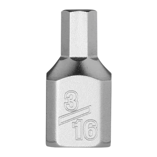 The 1/4" Drive 3/16" Low-Profile Hex Bit Socket is a small, metallic tool attachment designed for use with a drive handle. The socket features a hexagonal bit and has "3/16" etched on its side, indicating its size.