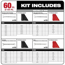191 PC Mechanic's Tool Set includes 60 pieces of metric and SAE ratcheting combination wrenches with storage racks. Sizes provided in tables.