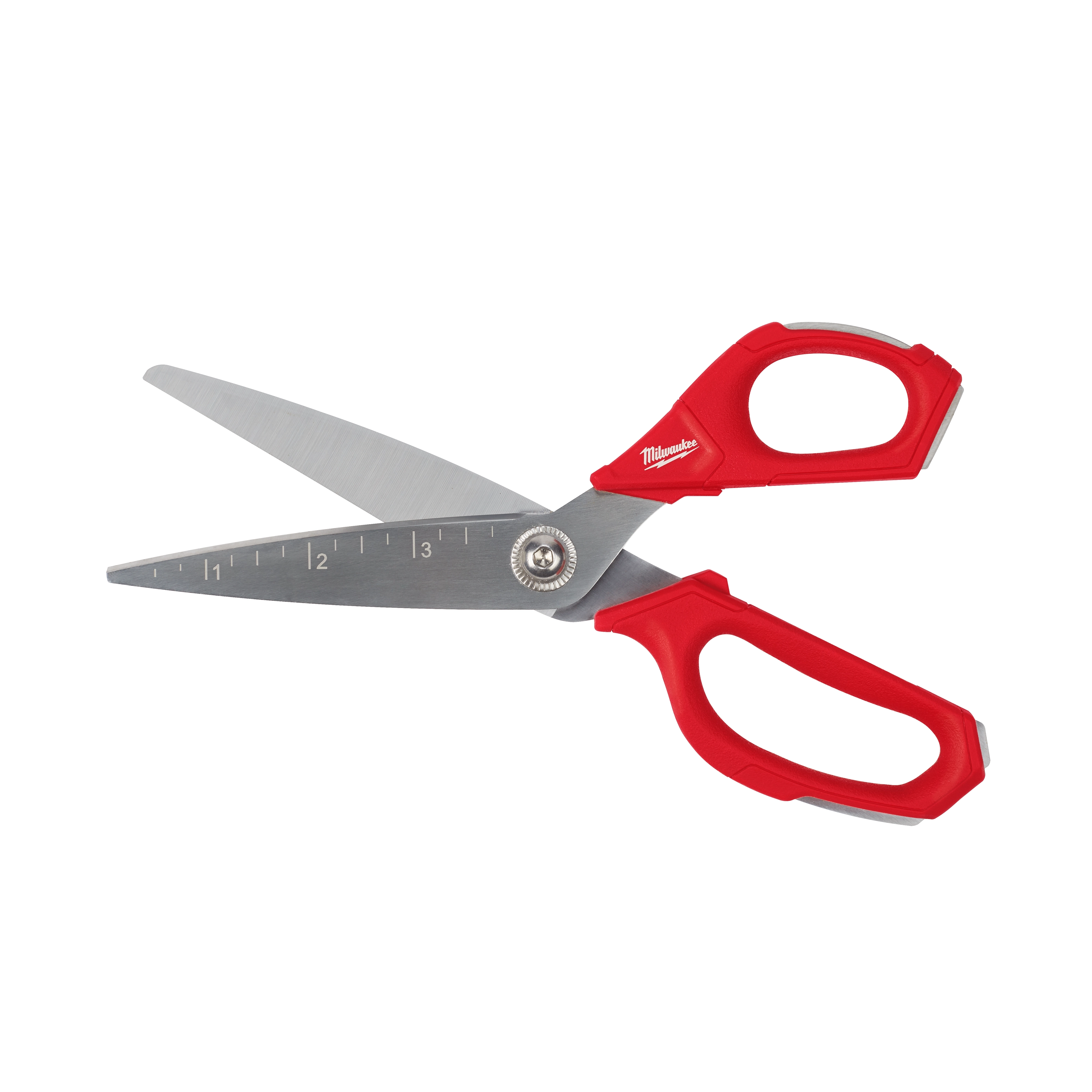 The Offset Jobsite Scissors feature stainless steel blades with measurement markings and red ergonomic handles for easy grip and precise cutting.
