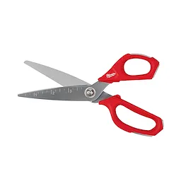 The Offset Jobsite Scissors feature stainless steel blades with measurement markings and red ergonomic handles for easy grip and precise cutting.