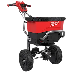 M18 Self-Propelled Broadcast Spreader with large wheels and a covered rectangular hopper on a metal frame.