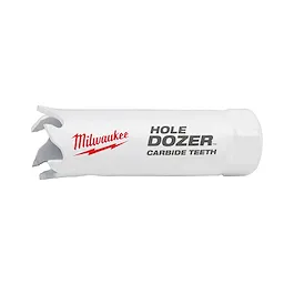The image shows an 11/16" Carbide Dozer hole saw in white, featuring carbide teeth, with a red Milwaukee logo and black text.