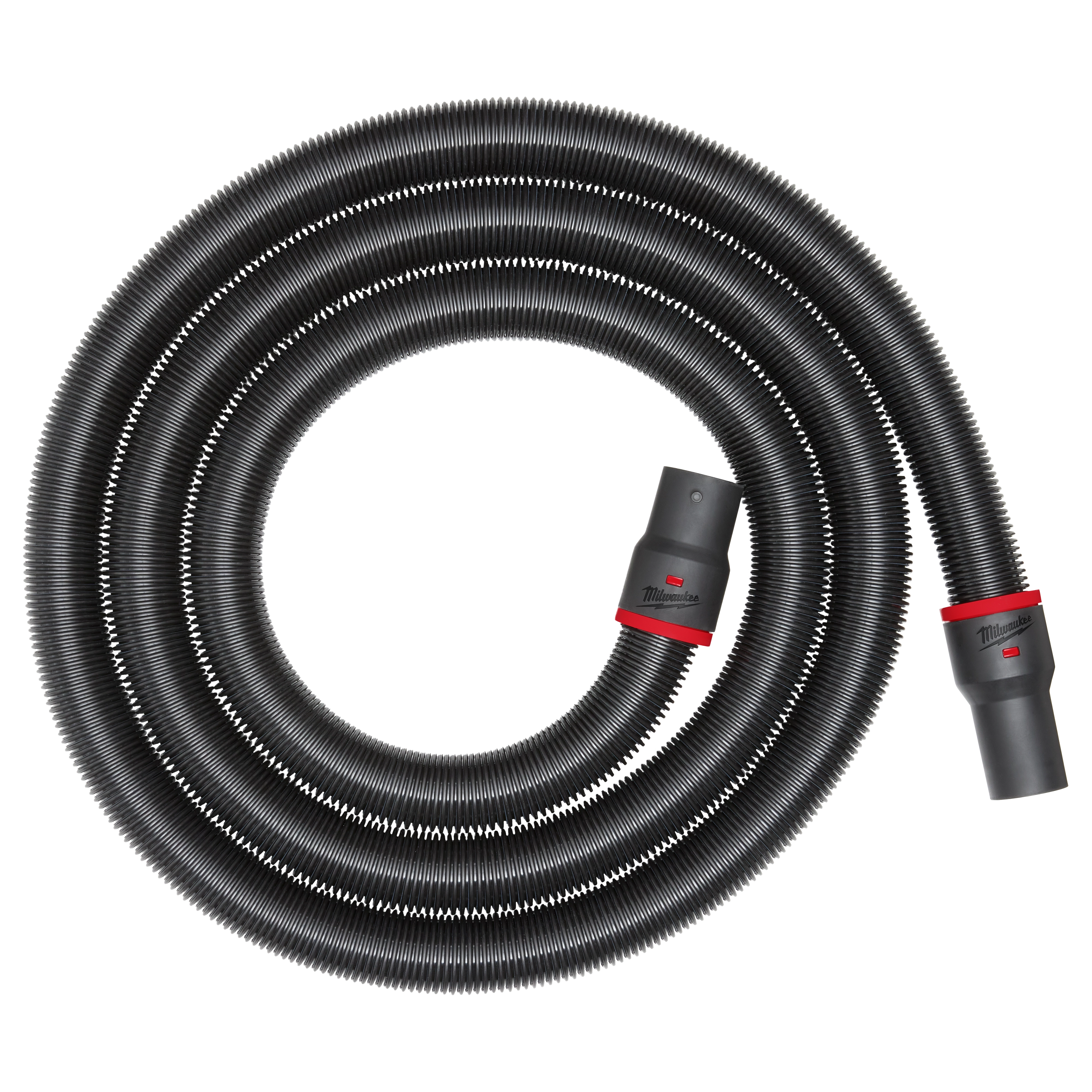 The 2-1/2” x 16' Flexible Hose is shown coiled in a large circle. The black hose has two connection ends with red accents and compatibility labels. The product is designed for various vacuum and dust extraction applications.
