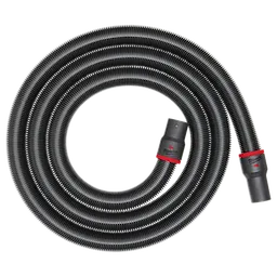 The 2-1/2” x 16' Flexible Hose is shown coiled in a large circle. The black hose has two connection ends with red accents and compatibility labels. The product is designed for various vacuum and dust extraction applications.
