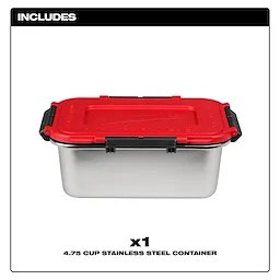 Stainless Steel Container for M18 Jobsite Lunch Warmer with red lid and black side latches on white background.