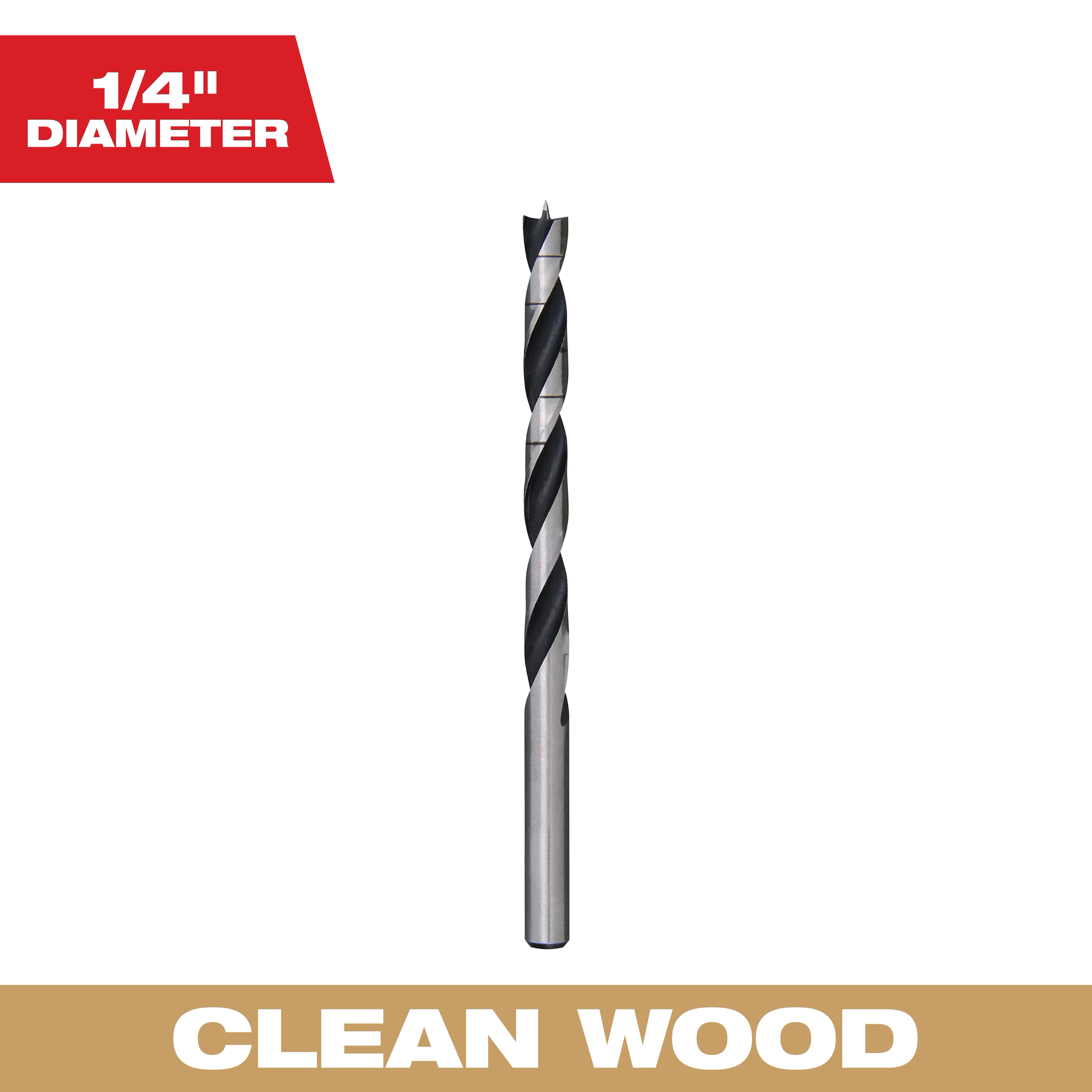 The image features a 1/4" diameter Clean Wood drill bit with a helical groove design for efficient wood drilling.