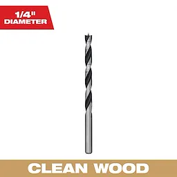 The image features a 1/4" diameter Clean Wood drill bit with a helical groove design for efficient wood drilling.