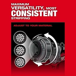 The M18 FUEL™ Covered Conductor Cable Stripper Kit w/ Adjustable Bushings allows users to adjust according to different materials for maximum versatility and consistent stripping. The image features cable types and adjustment instructions on a red and black background with white text highlighting its advantages.