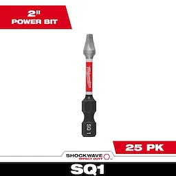 This image shows one SHOCKWAVE™ 2" Impact Duty Square Recess #1 Power Bit from a 25-pack set. The bit has a red and black design, with "SQ1" marked on the black section. The packaging highlights the size (2") and quantity (25 PK).
