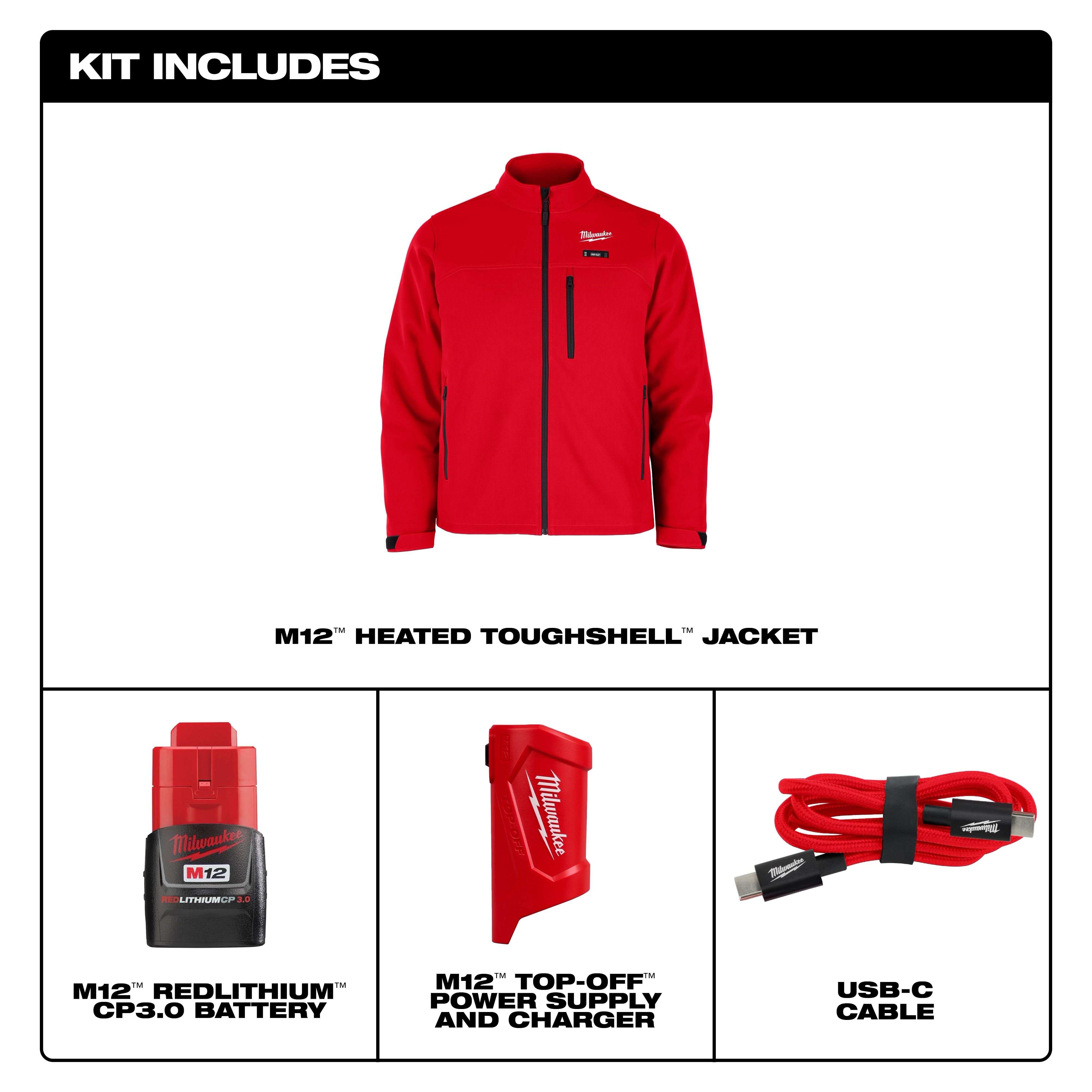 M12 Heated TOUGHSHELL Jacket kit includes a red jacket, M12 REDLITHIUM CP3.0 battery, M12 top-off power supply and charger, and USB-C cable.