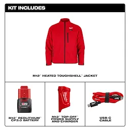 M12 Heated TOUGHSHELL Jacket kit includes a red jacket, M12 REDLITHIUM CP3.0 battery, M12 top-off power supply and charger, and USB-C cable.