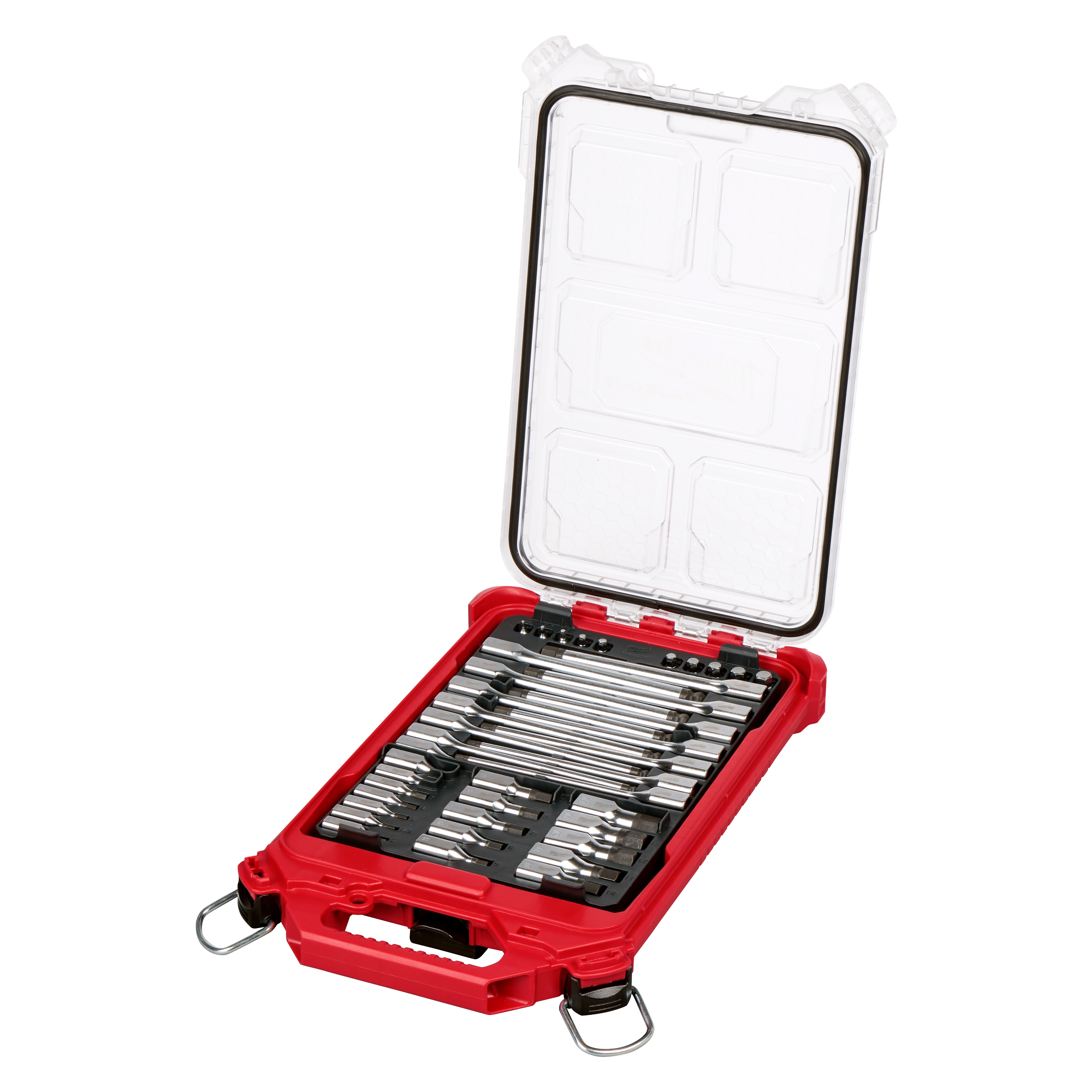 41pc 1/4” and 3/8” Drive Metric Bit Socket Set with PACKOUT Compact Low-Profile Organizer open showing arranged bits.