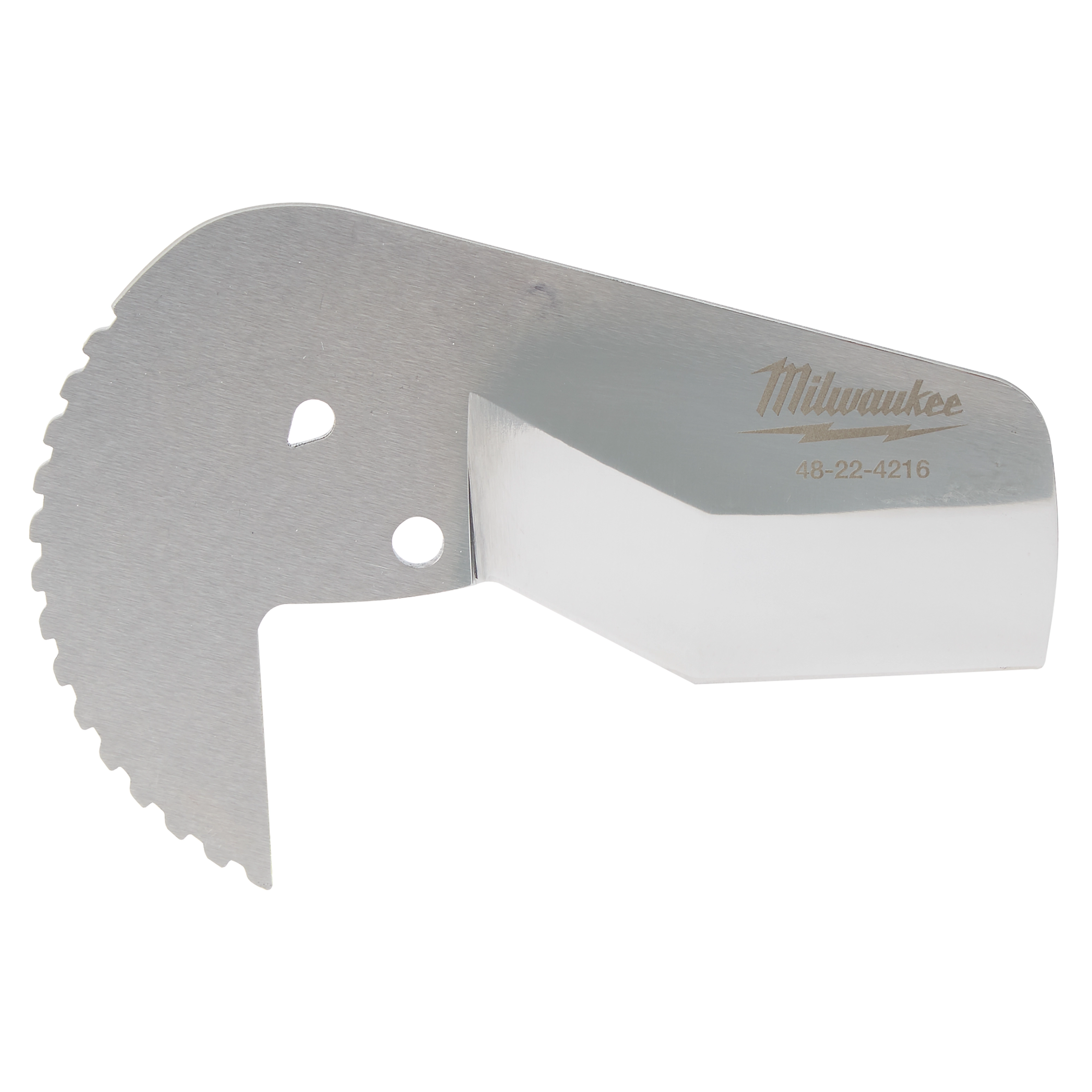 2-3/8" Ratcheting Pipe Cutter Replacement Blade features a sharp, curved edge for efficient pipe cutting. The blade is silver with a toothed design and has the Milwaukee logo and part number 48-22-4216 etched on the surface.