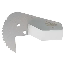 2-3/8" Ratcheting Pipe Cutter Replacement Blade features a sharp, curved edge for efficient pipe cutting. The blade is silver with a toothed design and has the Milwaukee logo and part number 48-22-4216 etched on the surface.