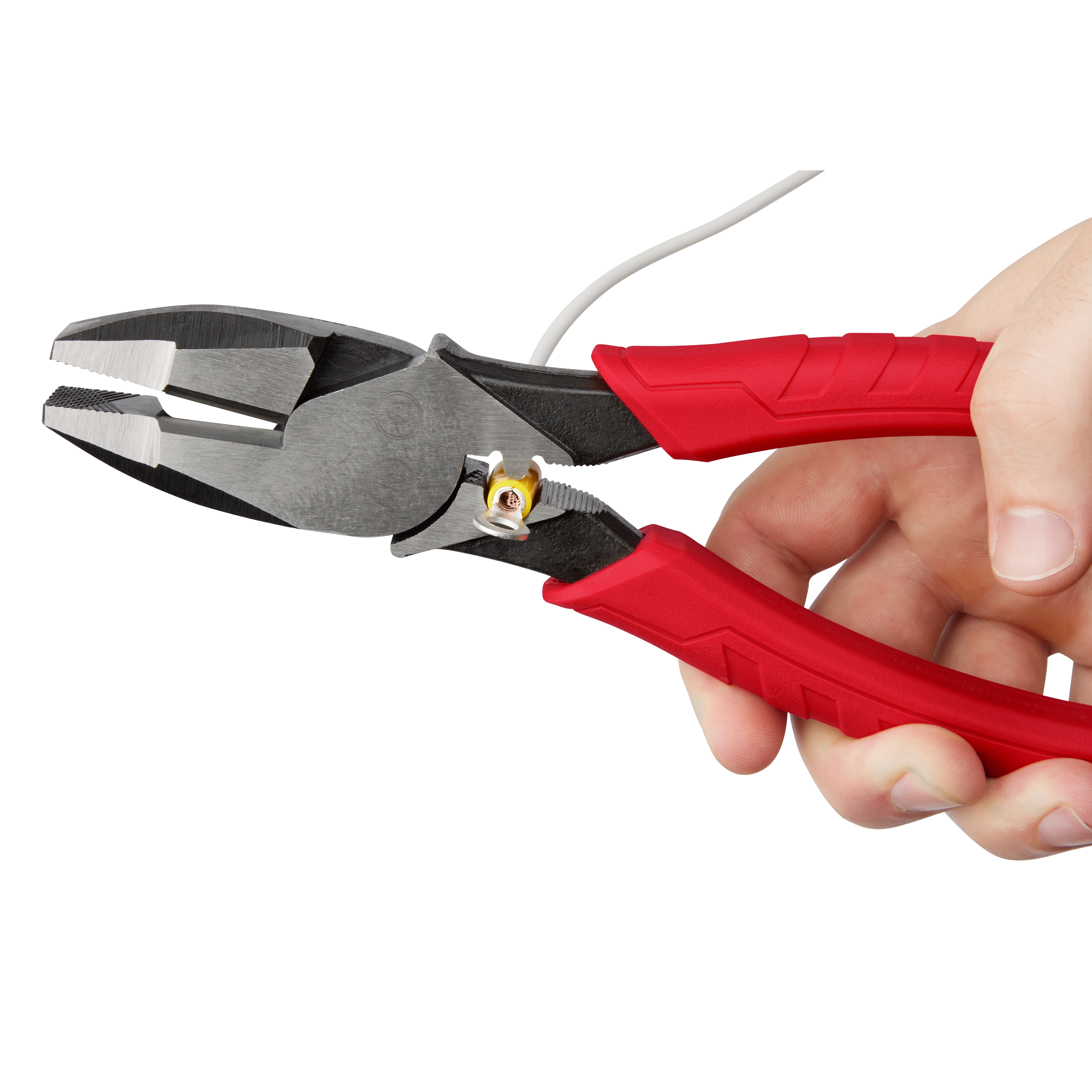 9" High Leverage Lineman's Pliers With Crimper in use, featuring red handles and a built-in wire crimper, held in a person's hand.