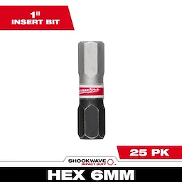 Image of SHOCKWAVE™ 1" Impact Duty Hex 6 MM Insert Bits Bulk 25 package. Features one hexagonal insert bit. Text indicates it is a 1-inch insert bit, 25 pack, suitable for impact duty. Packaging includes brand name and product details in red and black colors.