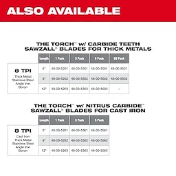 TORCH with Carbide Teeth and TORCH with Nitrus Carbide blades are for thick metals and cast iron respectively. They come in 6-inch, 9-inch, and 12-inch lengths with various pack sizes. The image lists options with item numbers for each size and type.