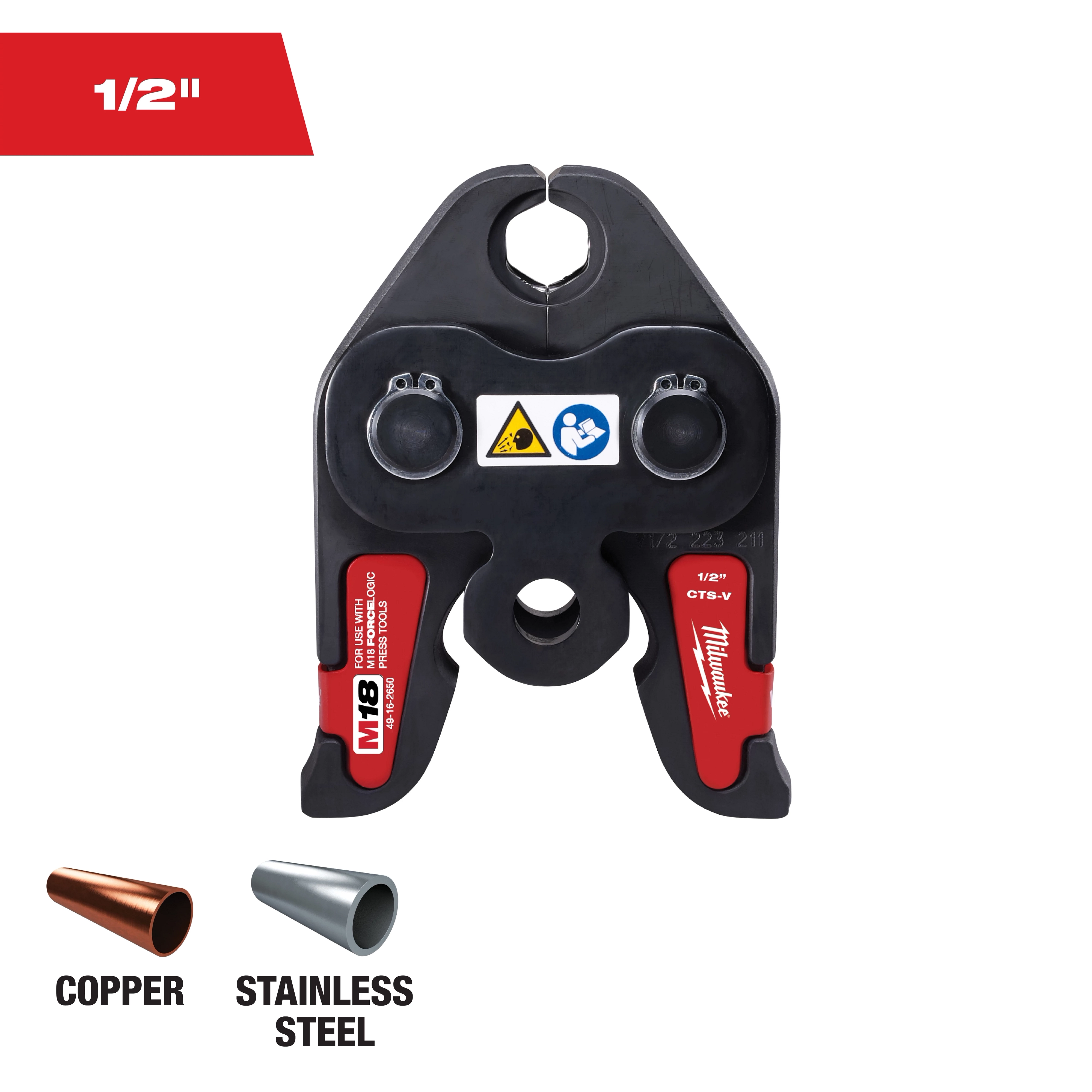 This image shows a Milwaukee M18 copper and stainless steel crimping tool head for 1/2" pipes. It has two labels and is used with the M18 FORCE LOGIC Press Tool. Images of copper and stainless steel pipe sections are shown below it.