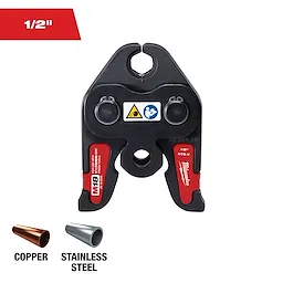 This image shows a Milwaukee M18 copper and stainless steel crimping tool head for 1/2" pipes. It has two labels and is used with the M18 FORCE LOGIC Press Tool. Images of copper and stainless steel pipe sections are shown below it.