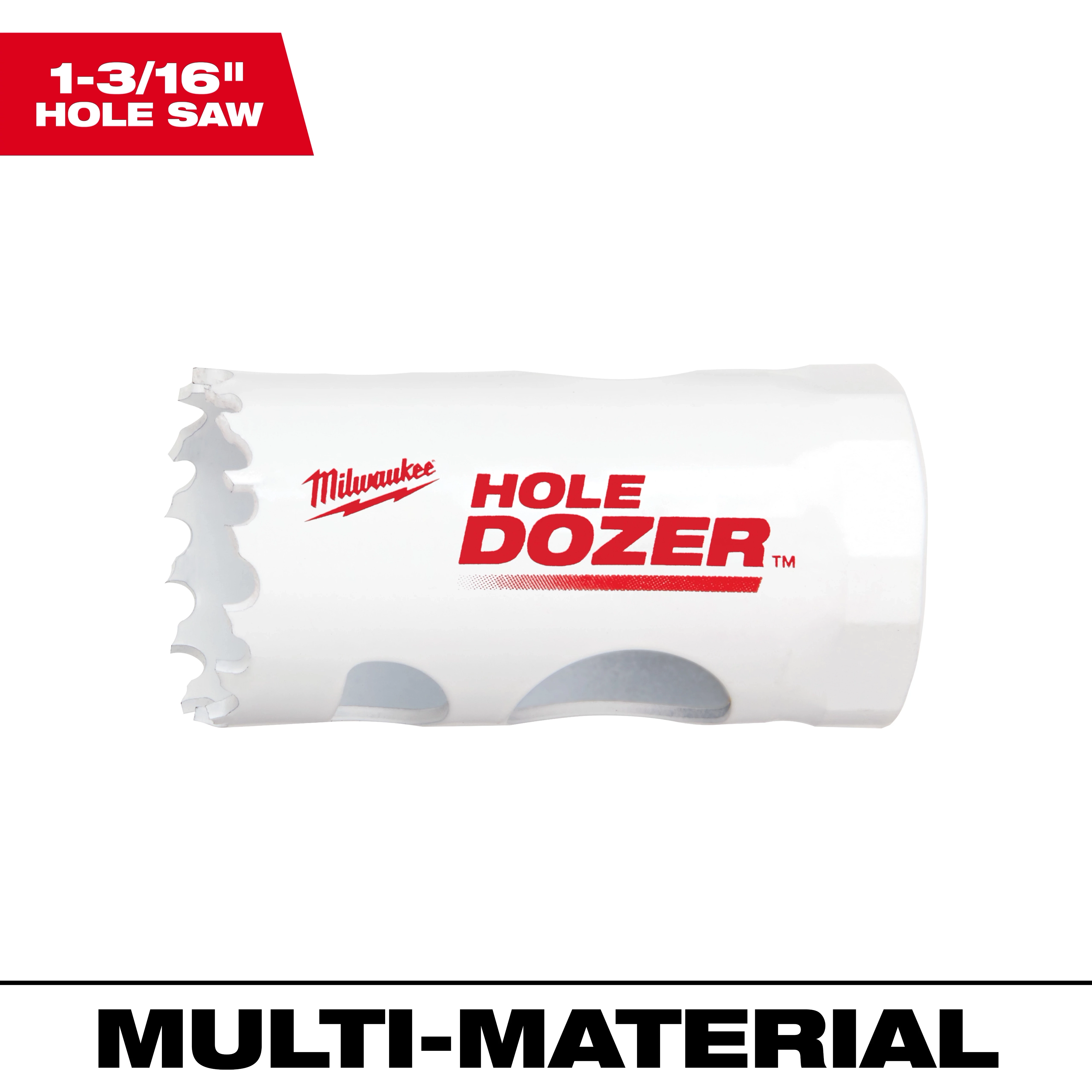 1-3/16" Hole Dozer Bi-Metal Hole Saw by Milwaukee, designed for multi-material cutting, featuring sharp teeth and solid white body.