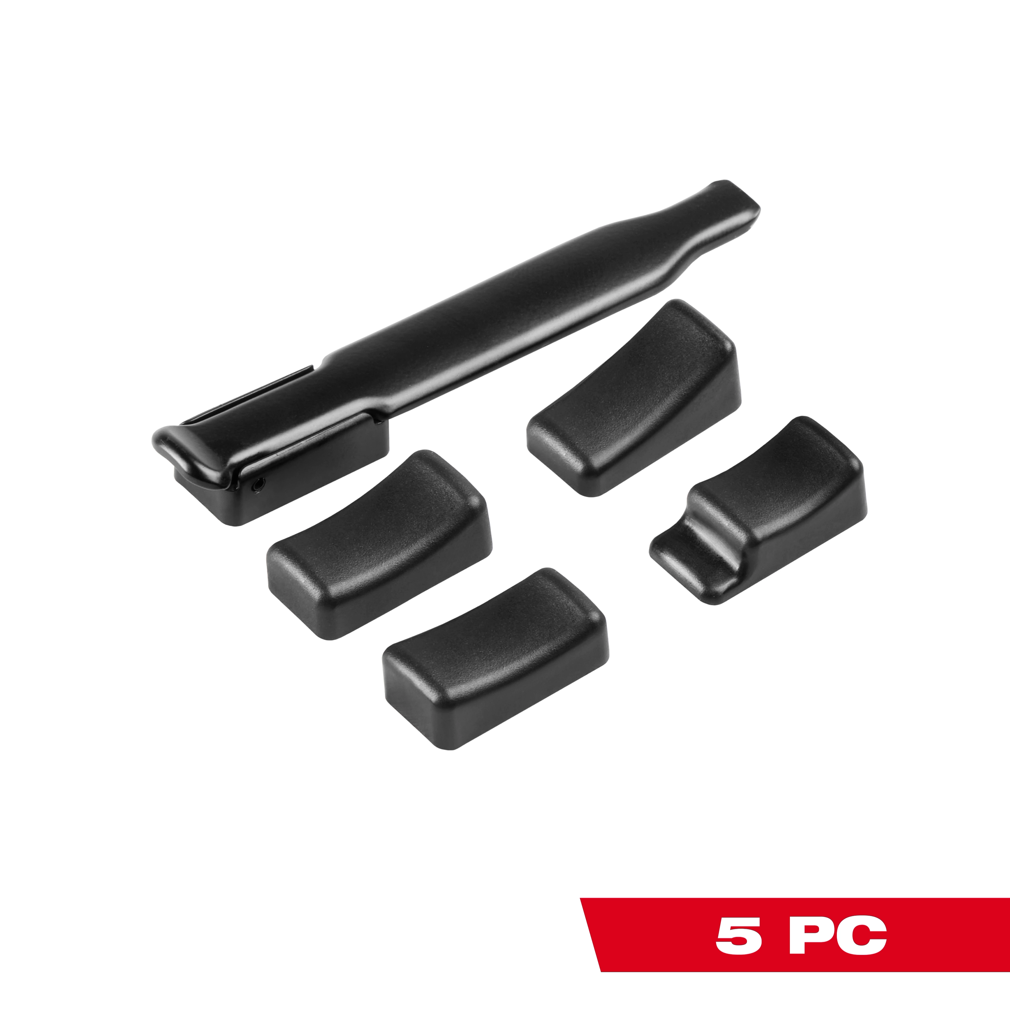 The M12 FUEL™ Ratchet Modular Trigger Cap Kit comprises five black plastic pieces, including one elongated trigger cap and four modular trigger pieces. A red label on the bottom right corner indicates "5 PC".