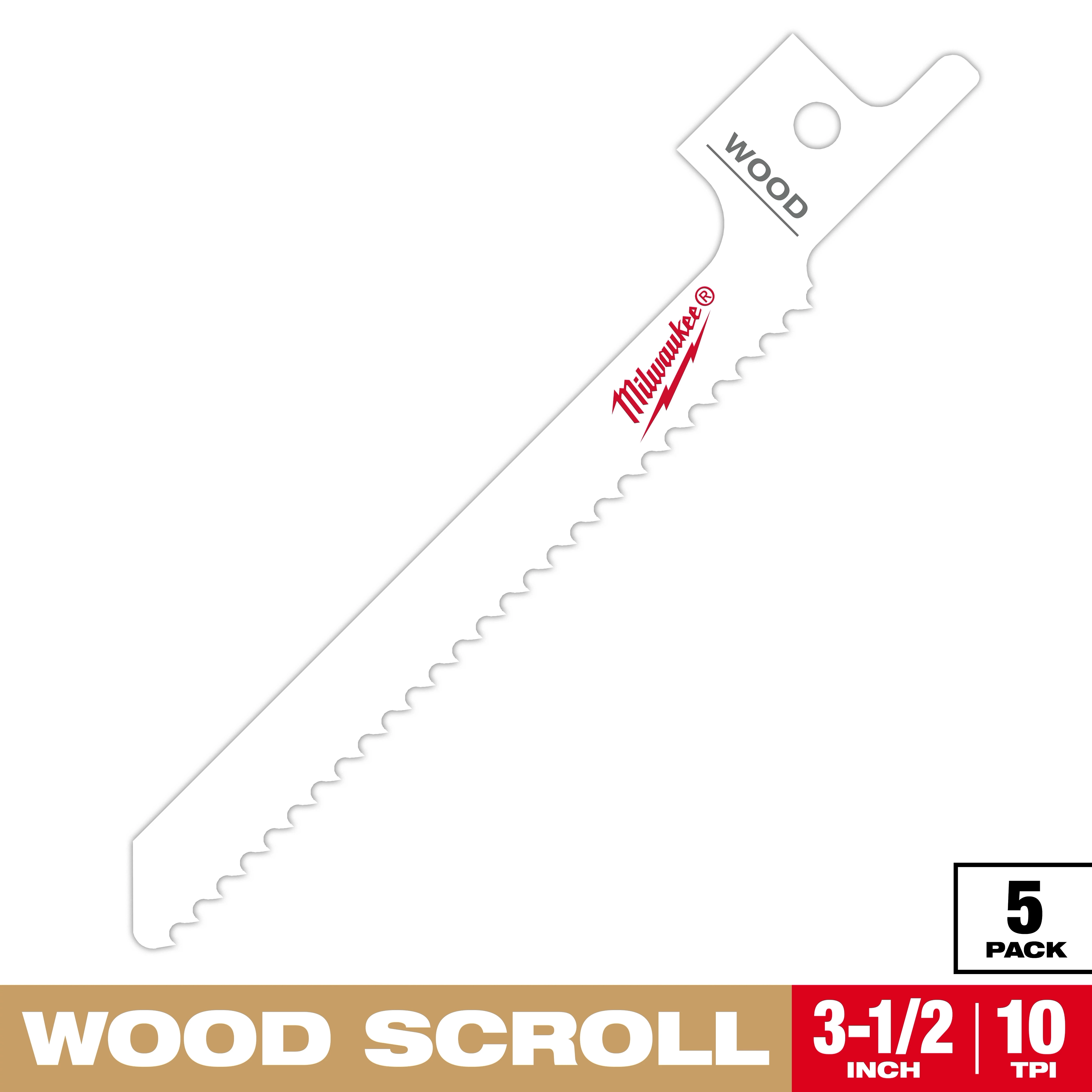 Milwaukee Wood Scroll blades package contains five 3.5-inch blades with 10 teeth per inch (TPI) for woodcutting. The blade has a curved design and a hole at the top for attachment, featuring the Milwaukee logo in red.