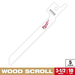 Milwaukee Wood Scroll blades package contains five 3.5-inch blades with 10 teeth per inch (TPI) for woodcutting. The blade has a curved design and a hole at the top for attachment, featuring the Milwaukee logo in red.