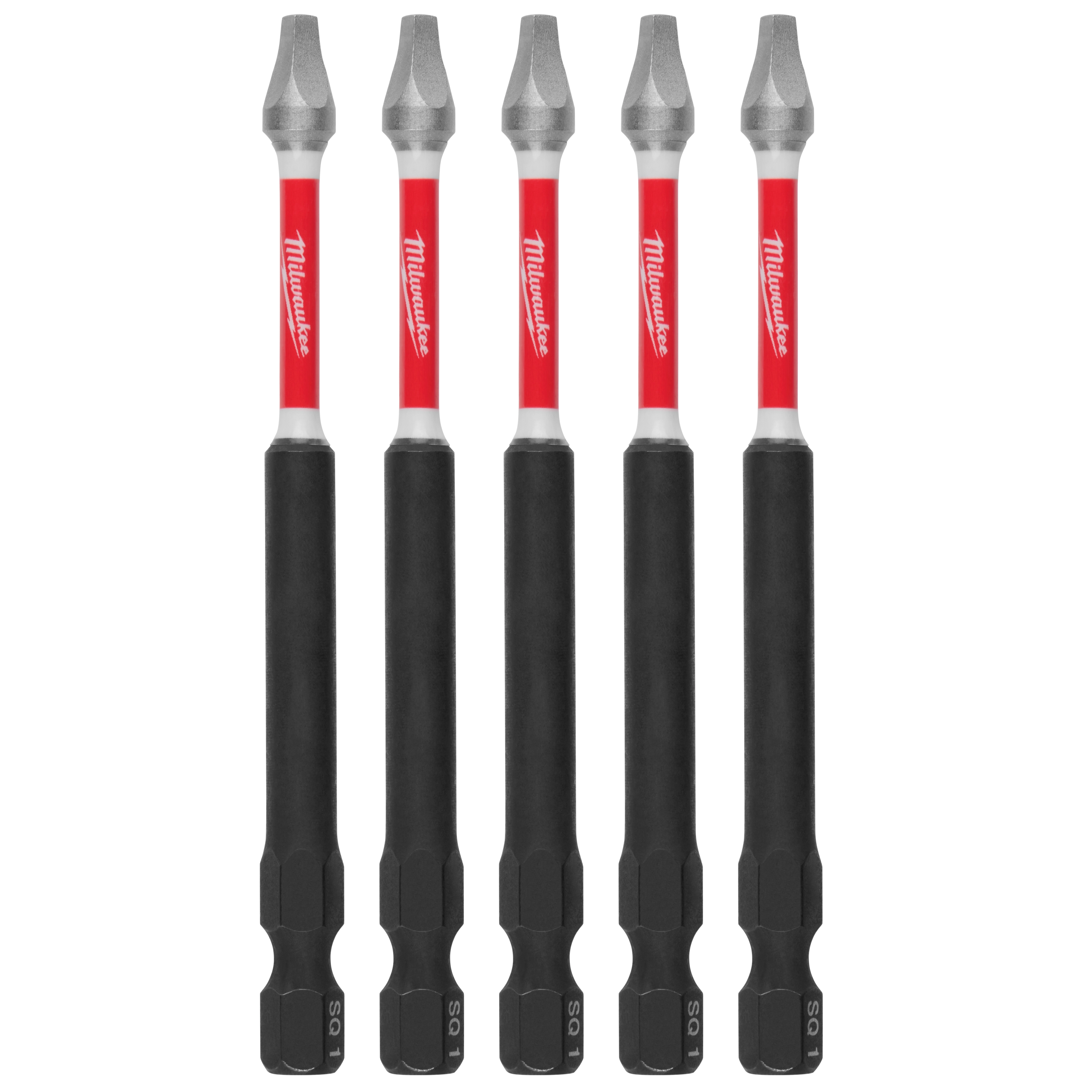 Five SHOCKWAVE™ 3-1/2" Impact Square Recess #1 Power Bits (5 PK) are displayed in a row. Each bit has a red and white Milwaukee-branded section and a black, hexagonal base marked with "SQ 1".