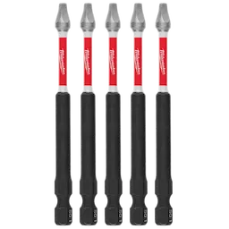 Five SHOCKWAVE™ 3-1/2" Impact Square Recess #1 Power Bits (5 PK) are displayed in a row. Each bit has a red and white Milwaukee-branded section and a black, hexagonal base marked with "SQ 1".