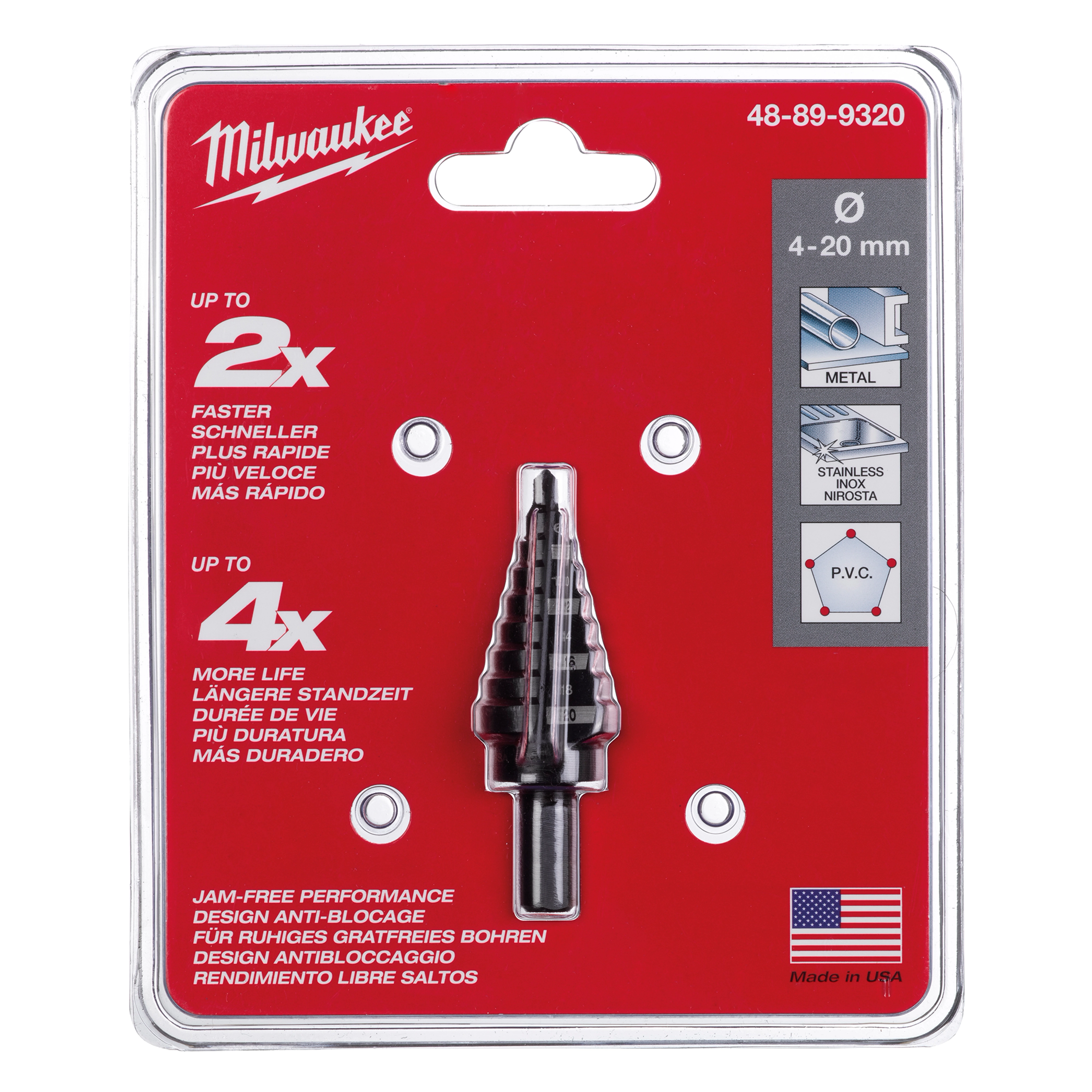 Milwaukee 48-89-9320 step bit, 4mm-20mm, in packaging highlighted for fast operation and long life with compatible materials listed.